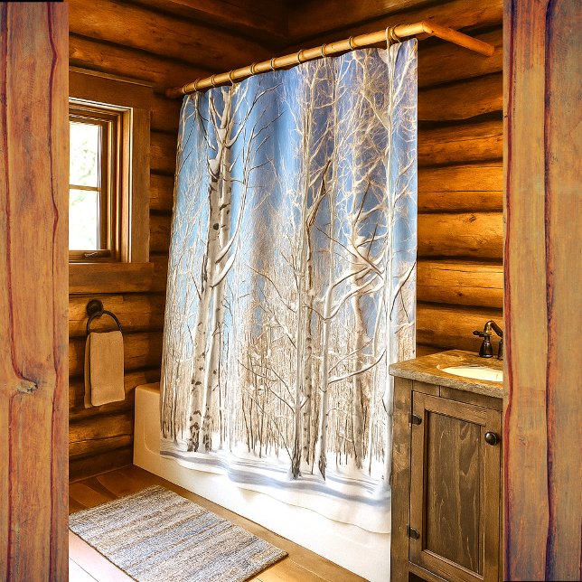 White Bark Aspen Trees Winter Snow Under Blue Sky (shower curtain)