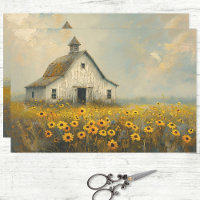White Barn Yellow Flower Field Rustic Decoupage