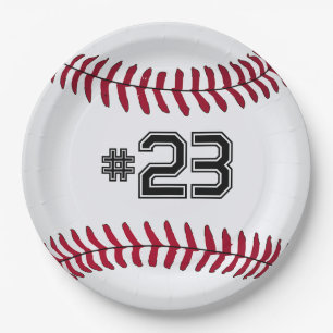 White Baseball with Number Paper Plate