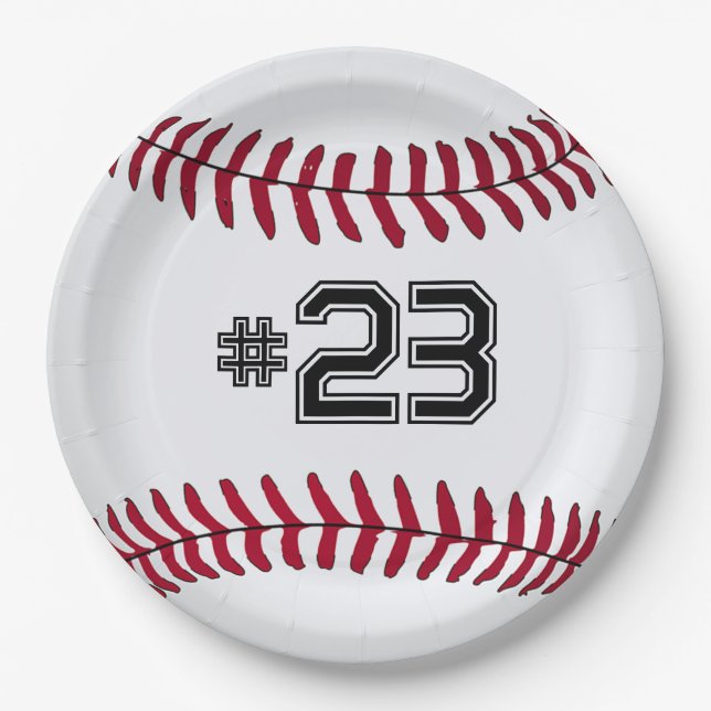 White Baseball with Number Paper Plate (Front)