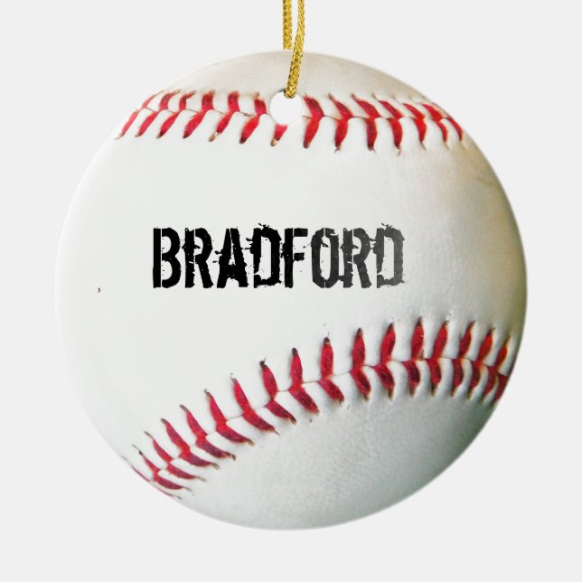 White Baseball with personalized name or text Ceramic Ornament (Front)