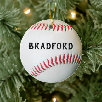 White Baseball with personalized name or text Ceramic Ornament