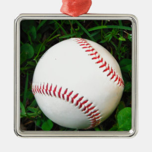 White Baseball with Red Stitching Metal Ornament