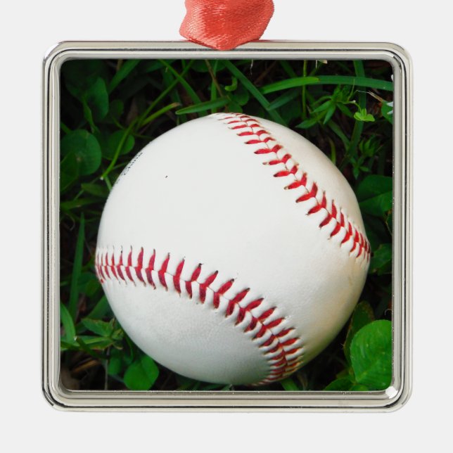 White Baseball with Red Stitching Metal Ornament (Front)