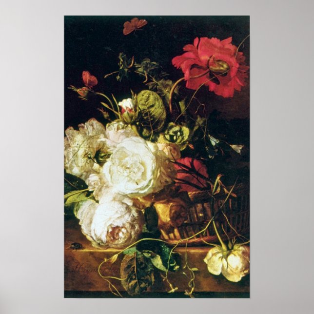 White Basket of Flowers, Jan van Huysum flowers Poster (Front)