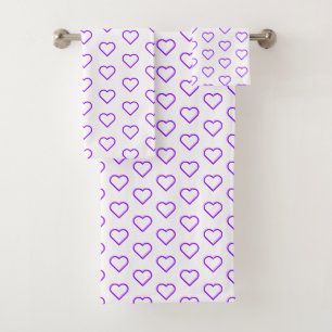 White Bath Towel Set with Purple Hearts