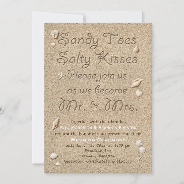 White Beach Sandy Toes Salty Kisses Wedding Invitation (Front)