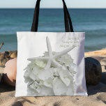 White Beach Wedding Starfish Hydrangea Welcome Tote Bag<br><div class="desc">Welcome to our wedding big tote. Large tote bag with white sea star and hydrangea flower design. Part of the Seaside Garden design line, this usable wedding favour contains two places for your text. Sample wording is a short “welcome to our wedding in [location]” to be used for a destination...</div>