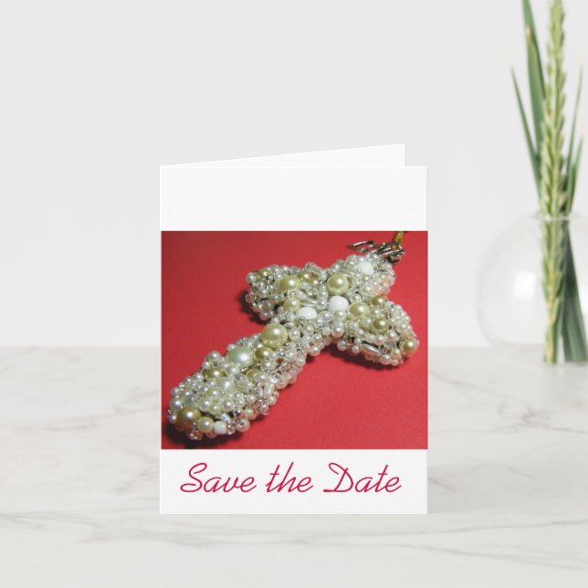 White Beaded Cross Save The Date Card (Front)
