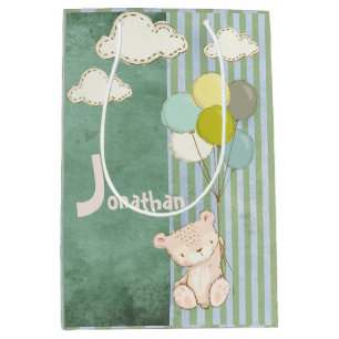White Bear Balloons Green Cute Stripes Kids Medium Gift Bag