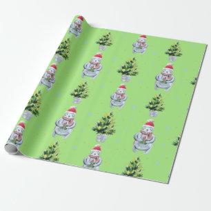 White Bear Holding a Present and Green Tree Wrapping Paper