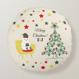 White Bear Tree Lettering Initials Merry Christmas Round Pillow