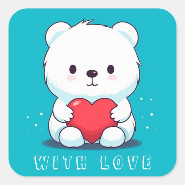 White bear with a heart, personalized square sticker (Front)