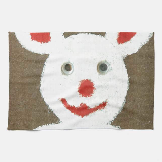 White Bear with Red Nose, Mouth, and Ears (Santa) Kitchen Towel (Horizontal)