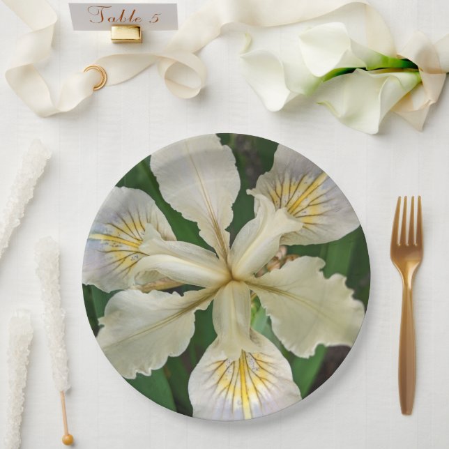 White Beardless Iris Bloom Floral Paper Plate (Wedding)