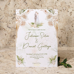 White Beige Aesthetic Floral Chic Elegant Wedding Invitation