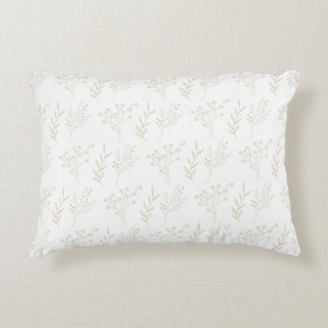 White Beige Floral Bohemian Botanical Pattern Accent Pillow (Front)