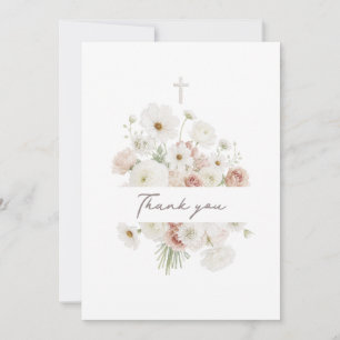 white beige flowers bouquet Baptism Thank you card