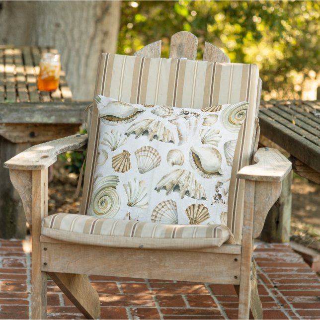 White & Beige watercolor seashell pattern Outdoor Pillow (Chair)