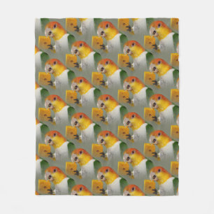 White Bellied Caique Parrot With Wood Block Toy Fleece Blanket