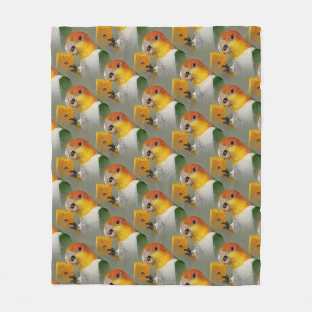 White Bellied Caique Parrot With Wood Block Toy Fleece Blanket (Front)