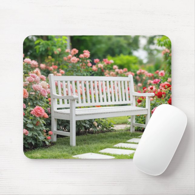 White Bench In a Summer Rose Garden Mouse Pad (With Mouse)