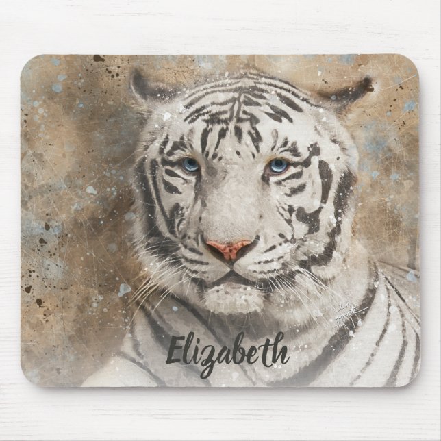 White Bengal Tiger Photography Modern Watercolor Mouse Pad (Front)