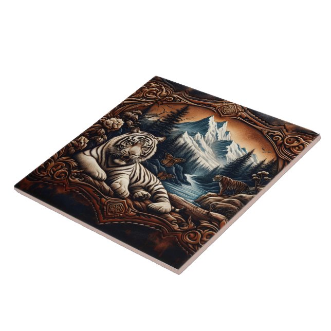 White Bengal Tiger Resting by Mountain Stream Tile (Side)