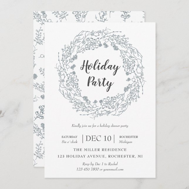 White Berries holiday wreath party Invitation (Front/Back)