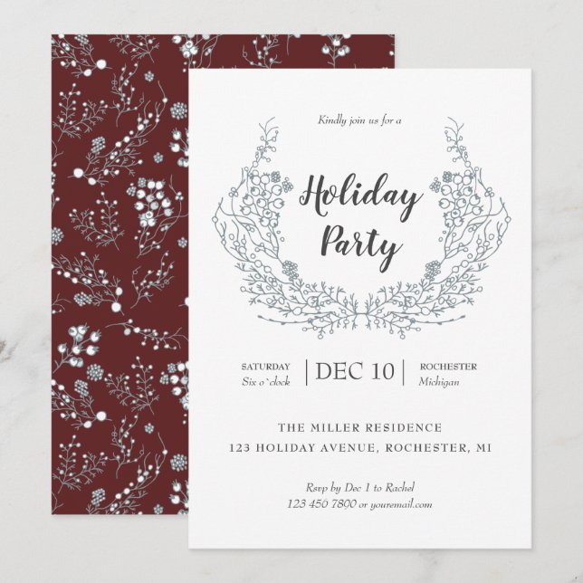 White Berries laurel on maroon holiday party Invitation (Front/Back)