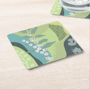 White Berries Mixed Greens Colour Blocks Modern  Square Paper Coaster