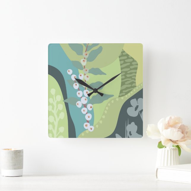 White Berries Mixed Greens Colour Blocks Modern  Square Wall Clock (Home)