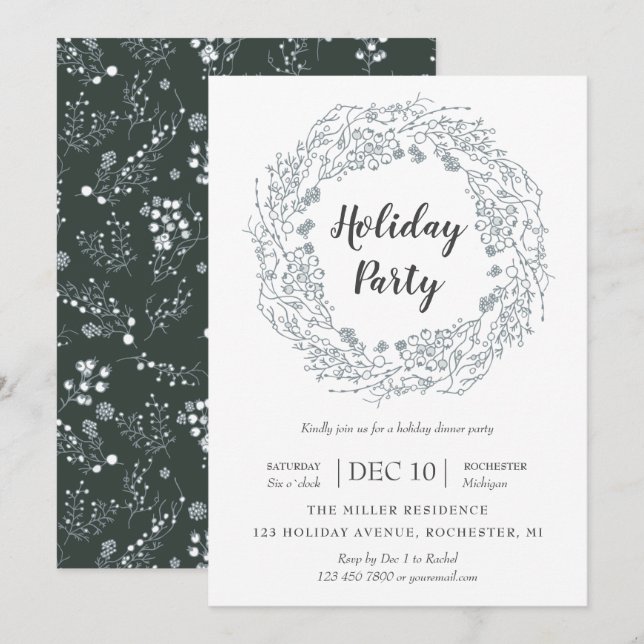 White Berries winter holiday wreath party Invitation (Front/Back)