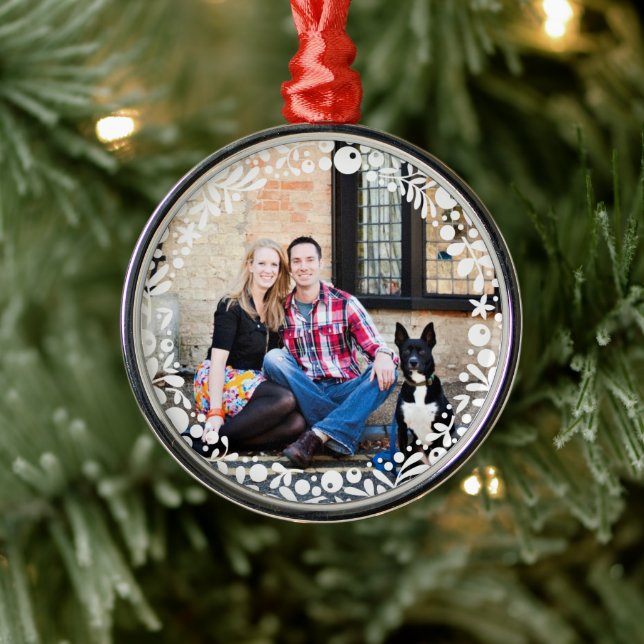 White Berry Framed Custom Photo Metal Ornament (Tree)