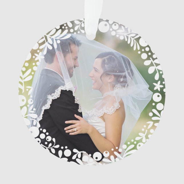 White Berry Framed Wedding Photo First Christmas Ornament (Front)