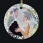 White Berry Framed Wedding Photo with Custom Text Ceramic Ornament<br><div class="desc">A circle of pretty,  white,  graphic,  floral berries and leaves delicately frame your favourite wedding photo to create a perfect keepsake or give as a gift to newlyweds in celebration of their first Christmas together.
Photography by Shanna Russell Photography</div>