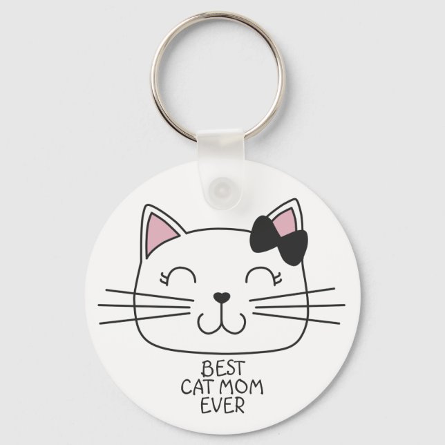 White best cat Mom ever with cute cartoon kitty Keychain (Front)