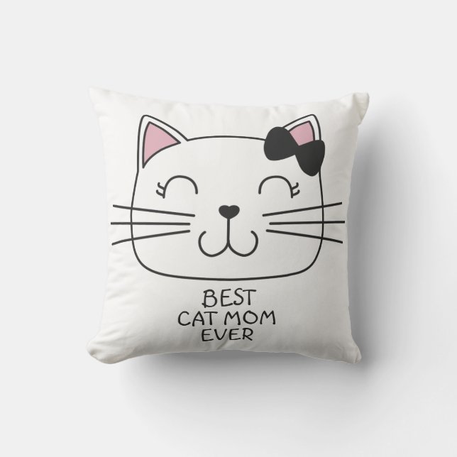 White best cat Mom ever with cute cartoon kitty Throw Pillow (Front)