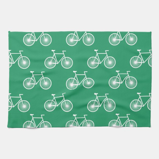 White Bicycle, Cycling Pattern; Kelly Green Kitchen Towel (Horizontal)