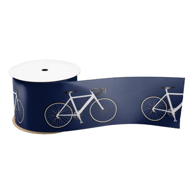 White Bicycle on Navy Blue Satin Ribbon (Spool)