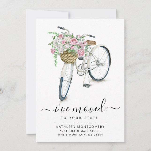 White Bicycle Pink Floral Basket Moving Announcement (Front)