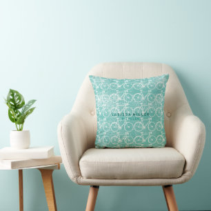 white bicycles distressed on pale blue throw pillow