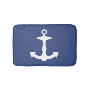 White Big Anchor Silhouette On Navy Blue Bath Mat