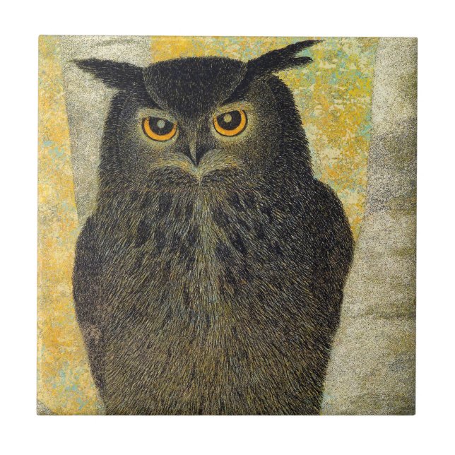 White Birch and Horned Owl Katsuda Yukio bird art Tile (Front)