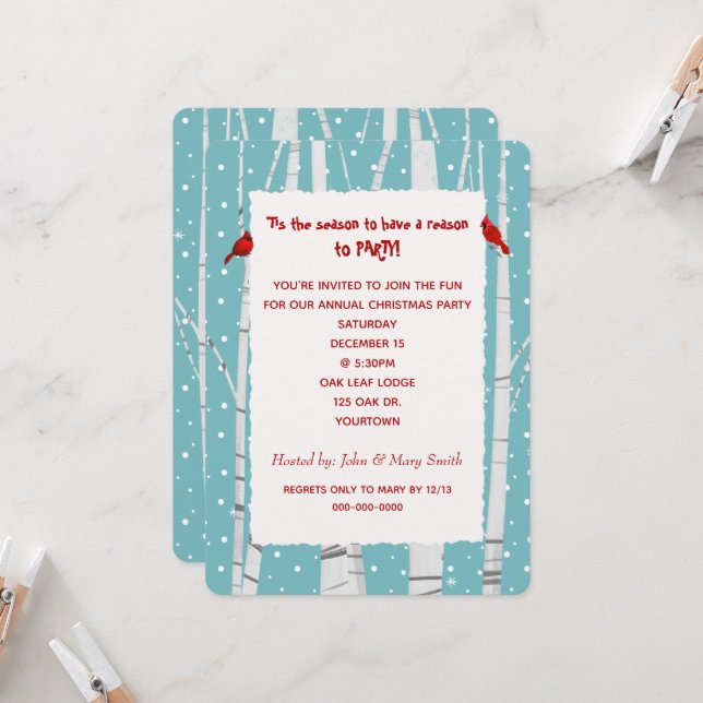 White Birch and Snowflakes Christmas Cardinal Invitation (Front/Back In Situ)