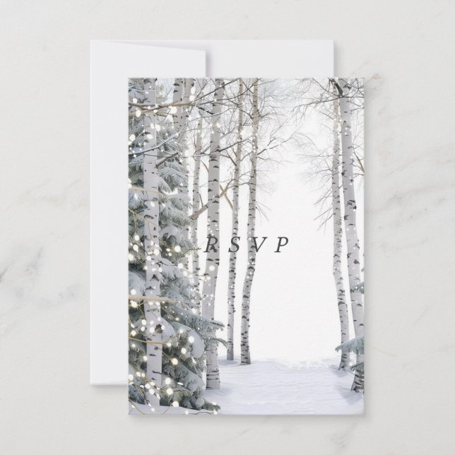 White Birch Pine Trees Winter Lights Stars RSVP Card (Front)