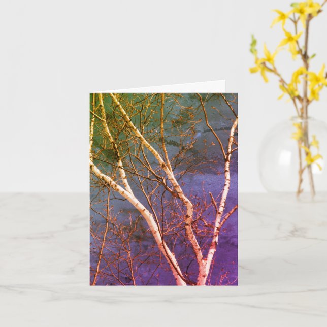 White Birch Tree Blue Sky Nature Art Note Card (Yellow Flower)