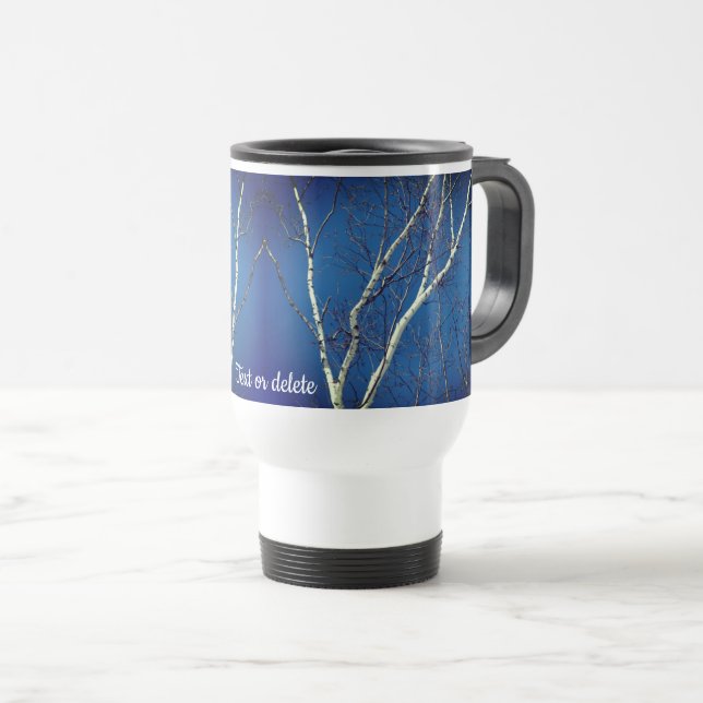 White Birch Tree Blue Sky Personalized  Travel Mug (Front Right)