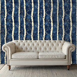 White Birch Tree Pattern Blue Wallpaper
