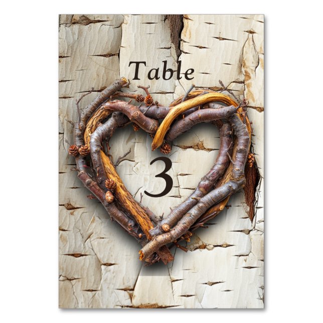 White Birch Tree Twig Heart Frame Table Number (Front)